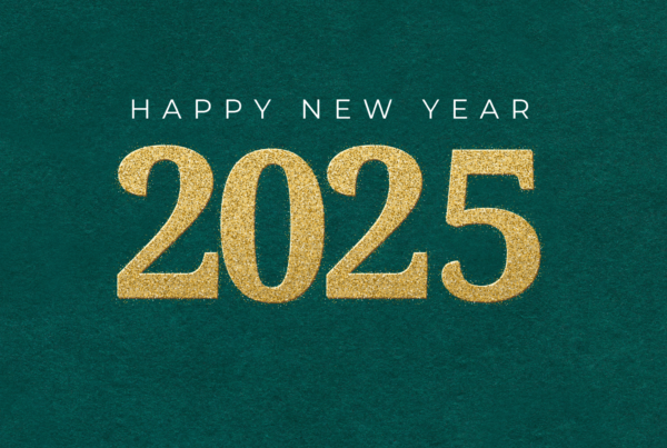 Green Image with gold numbers of 2025 and text Happy New Year