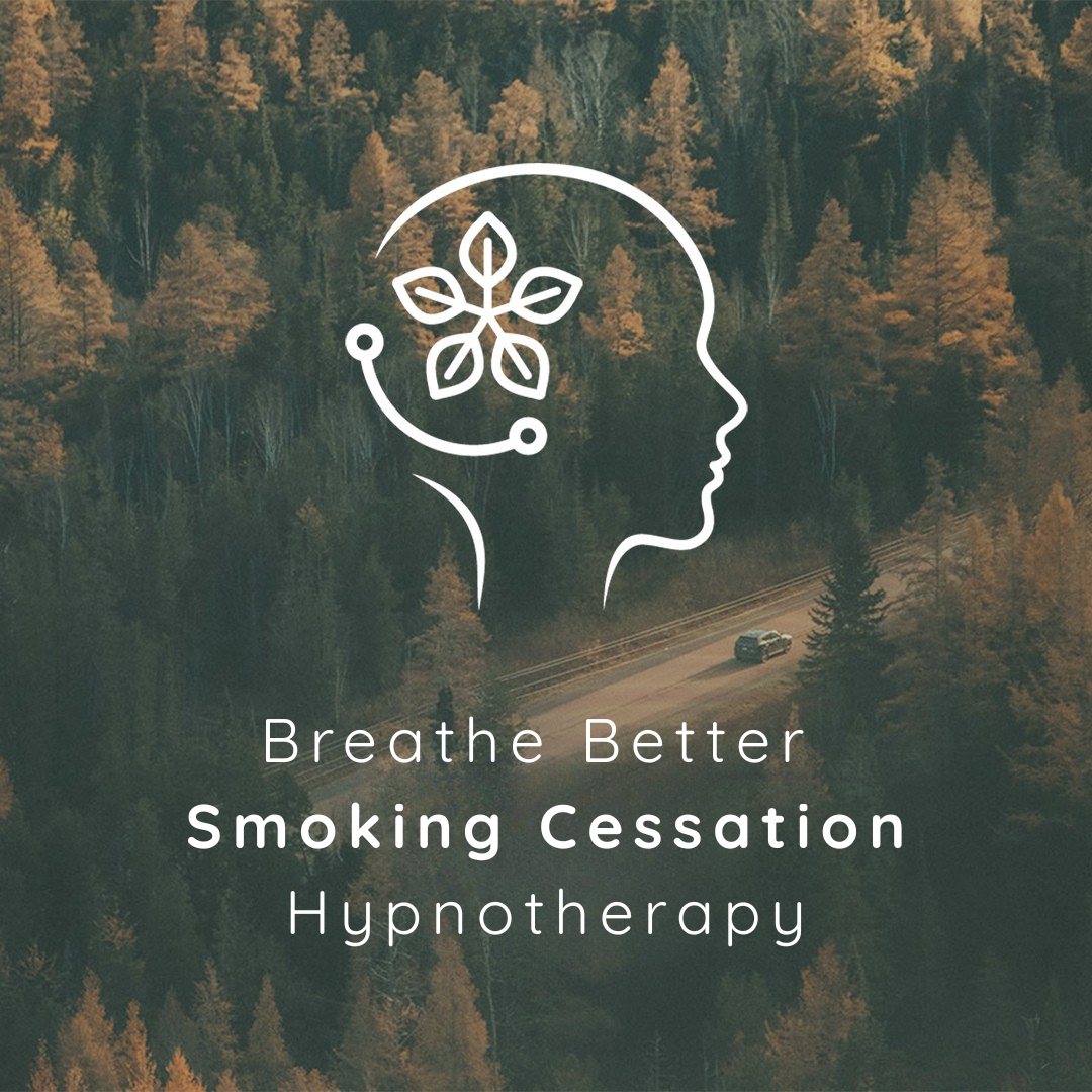 Logo of a human head with a flower-brain symbol representing calm and clarity, over a forest background with a car on a quiet road. Text reads: "Breathe Better Smoking Cessation Hypnotherapy